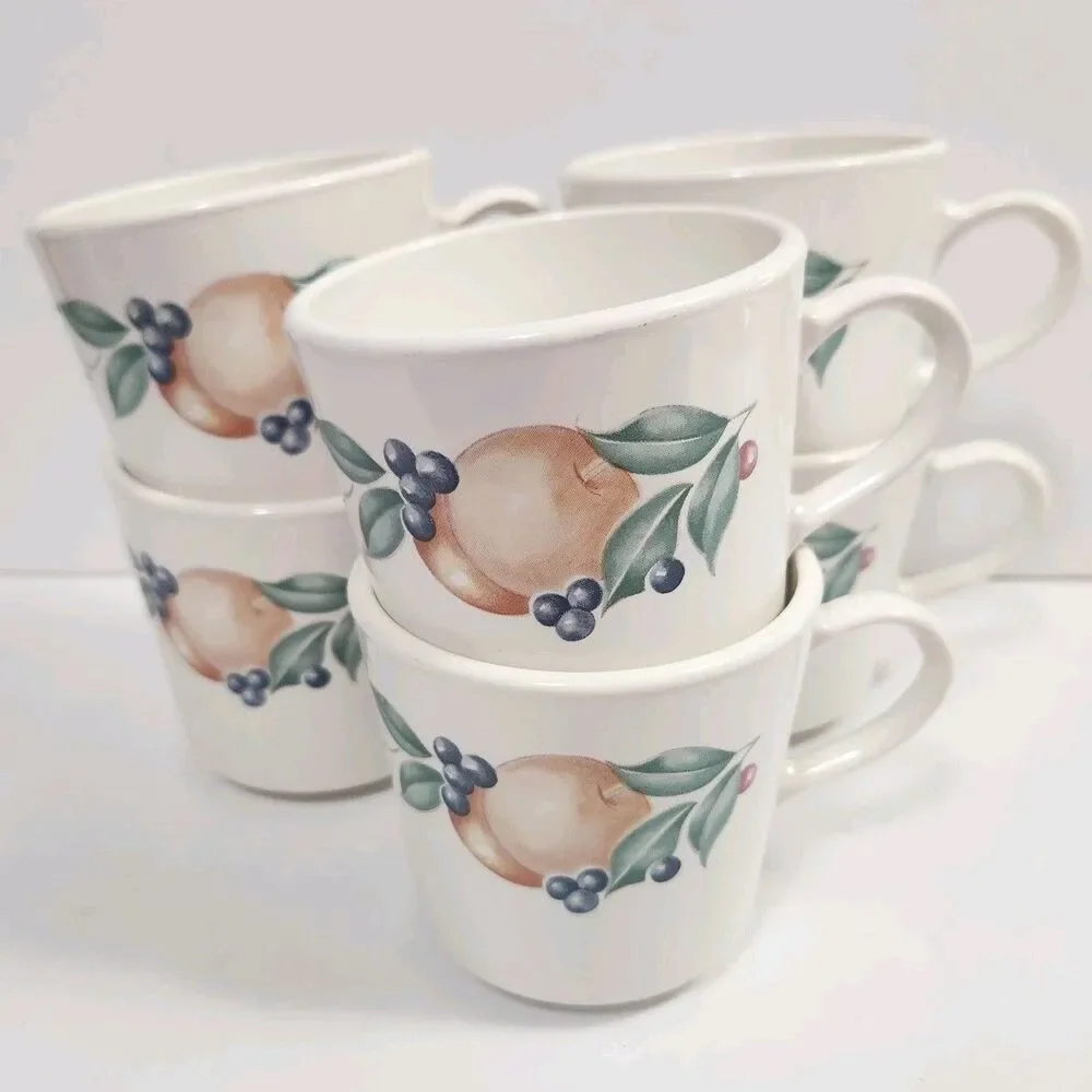 Set of 6 Vintage Corelle Abundance Coffee Cups Flat Bottom Mugs